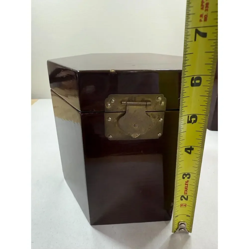 Vintage Chinese Hexagonal Lacquer Wood Boxes Set of 2, Brass Hardware, Green